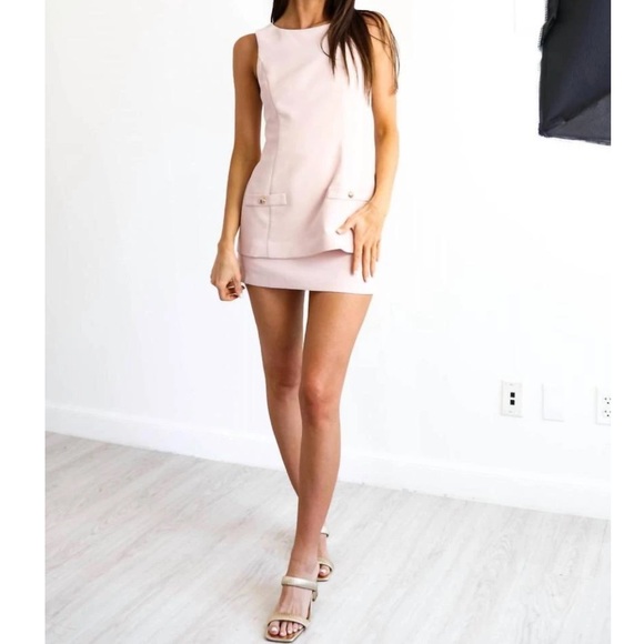 Amanda Uprichard Maven Skort Layered Romper in Mochi Light Pink Gold Buttons - Picture 2 of 16